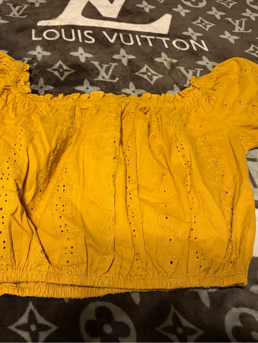 True Destiny Mustard Yellow Eyelet Off-Shoulder Crop Top